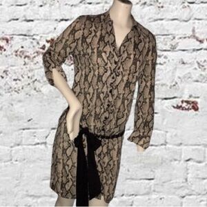 INC Button-up Long Sleeve Snakeskin Mini Dress Tunic Top with Belt, Sz Med